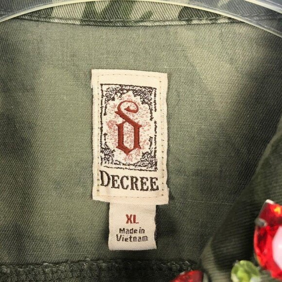 Decree XL Green Camo Top Pockets Zip Snap Front Vest Jeweled Collar Drawstring - Picture 7 of 12